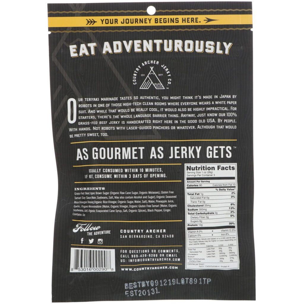 Country Archer Jerky, Beef Jerky, Teriyaki, 3 oz (85 g) - Imagem 2