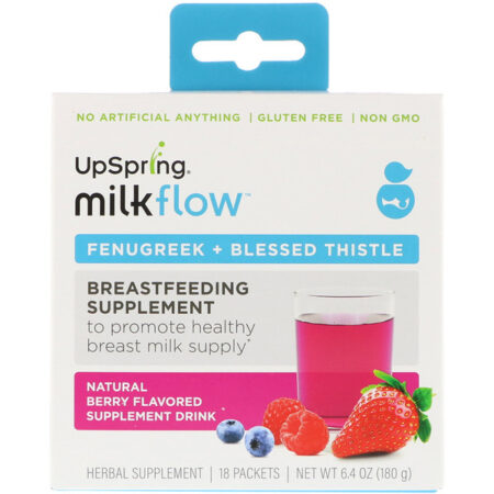 UpSpring, Milkflow, Bebida de Feno-Grego + Bebida de Suplemento de Cardo-santo, Sabor Natural de Frutos Silvestres, 18 Pacotes, 10 g (0,35 oz) Cada