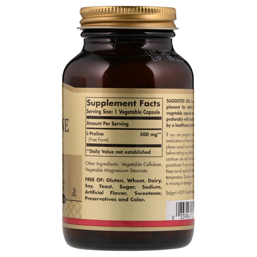 Solgar, L-Proline, 500 mg, 100 Vegetable Capsules - Imagem 2