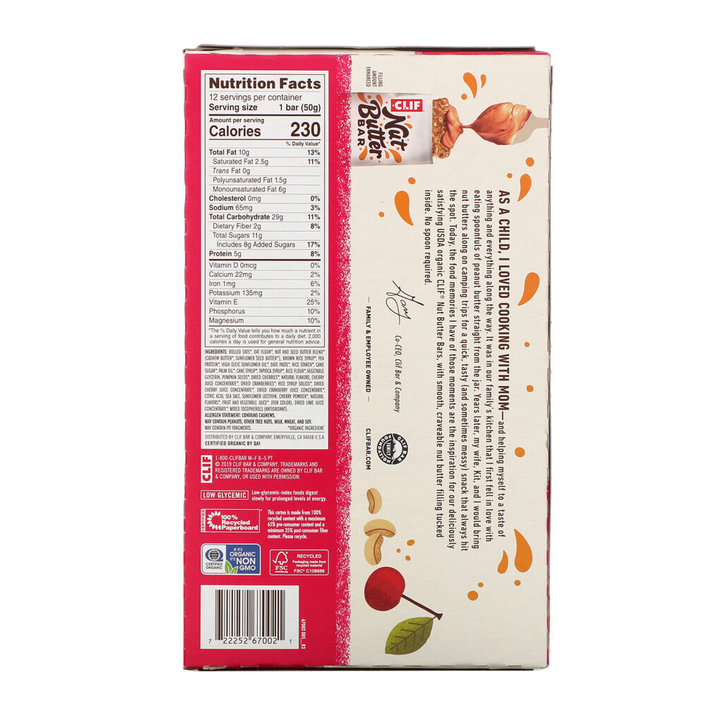 Clif Bar, Nut Butter Bar, Tart Cherry & Cashew Butter, 12 Bars, 1.76 oz (50 g) Each - Imagem 3