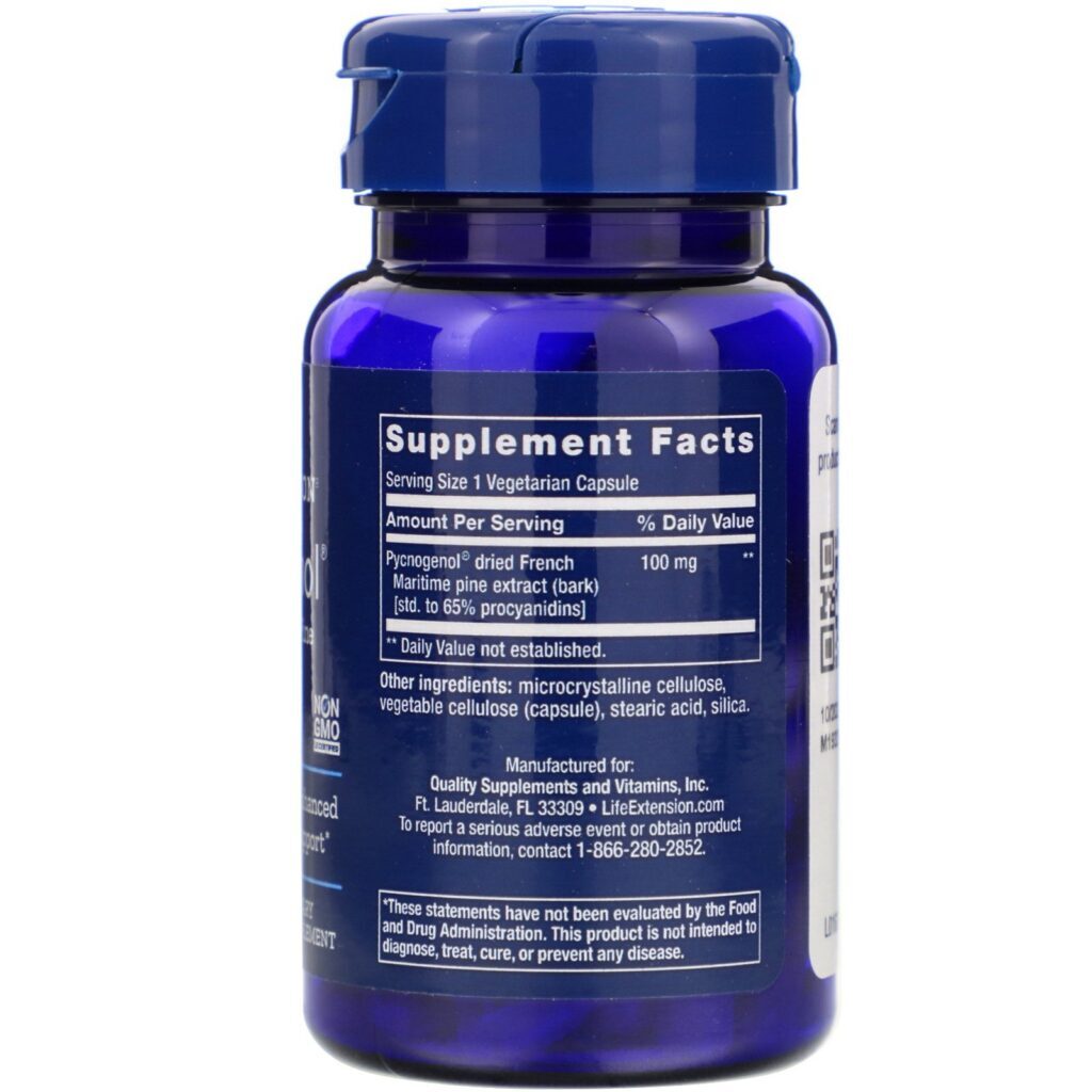 Life Extension, Pycnogenol, Extrato de Casca de Pinheiro-marítimo Francês, 100 mg, 60 Cápsulas Vegetais - Imagem 2
