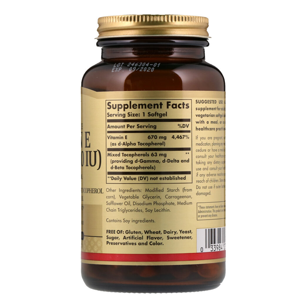 Solgar, Naturally Sourced Vitamin E, 670 mcg (1,000 IU), 100 Vegetarian Softgels - Imagem 2