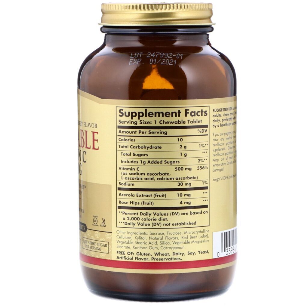 Solgar, Vitamina C Mastigável, Sabor Natural de Cran-framboesa, 500 mg, 90 Comprimidos Mastigáveis - Imagem 2