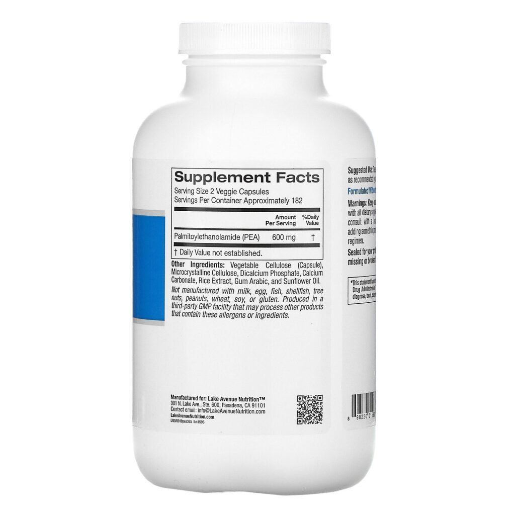 Lake Avenue Nutrition, PEA (Palmitoiletanolamida), 600 mg por Dose, 365 Cápsulas Vegetais - Imagem 2