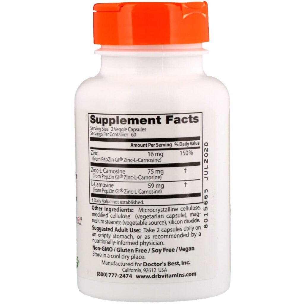 Doctor's Best, PepZin GI, Complexo de Zinco-L-Carnosina, 120 Cápsulas Vegetais - Imagem 2