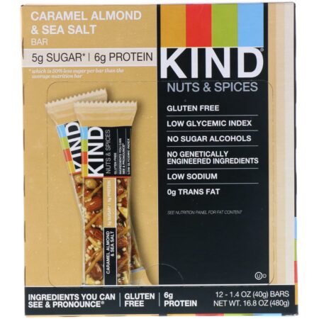 KIND Bars, Nozes e Especiarias, Caramelo, Amêndoa e Sal Marinho, 12 Barras, 1,4 oz (40 g) Cada - Image 2