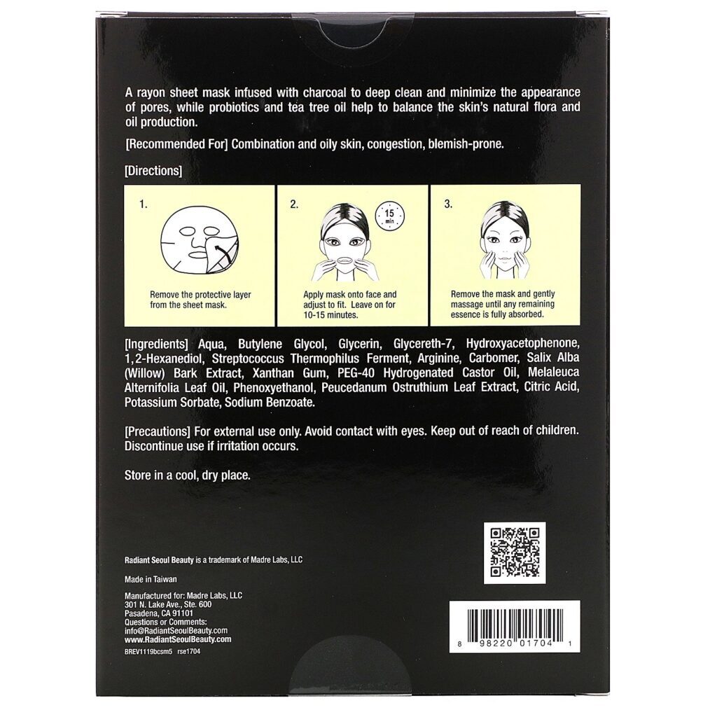 Radiant Seoul, Máscaras Asiáticas (Sheet Masks) de Carvão Vegetal para Equilíbrio, 5 Máscaras, 25 ml (0,85 oz) Cada - Imagem 2
