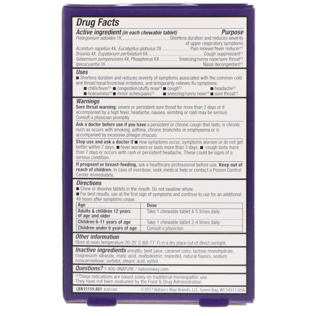 Nature's Way, Umcka, Resfriado + Gripe, Baga, 20 Comprimidos Mastigáveis - Imagem 2