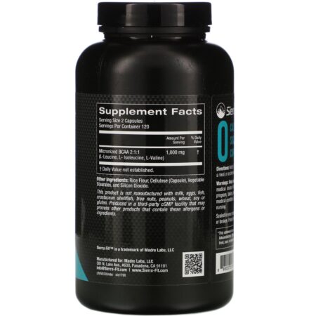 Sierra Fit, BCAA Micronizado, Aminoácidos de Cadeia Ramificada, 1.000 mg por Dose, 240 Cápsulas Vegetais - Image 2