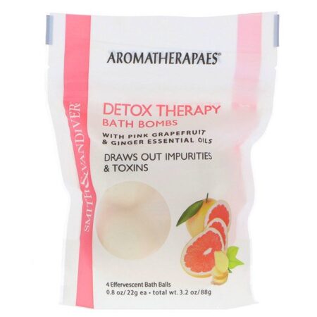 Smith & Vandiver, Bath Bombs, Terapia Detox, Com Óleos Essenciais de Grapefruit Rosa e Gengibre, 4 Bolas Efervescentes para Banheira, 0,8 oz (22 g) Cada