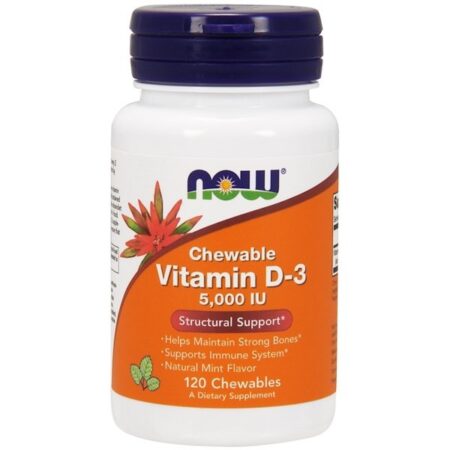 Now Foods, Chewable Vitamin D-3, Sabor Natural de Menta, 5.000 UI, 120 Comprimidos Mastigáveis