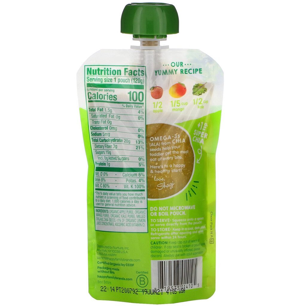 Happy Family Organics, Happy Tot, Stage 4, Super Foods, Organic Apples, Mangos & Kale + Super Chia, 4.22 oz (120 g) - Imagem 2