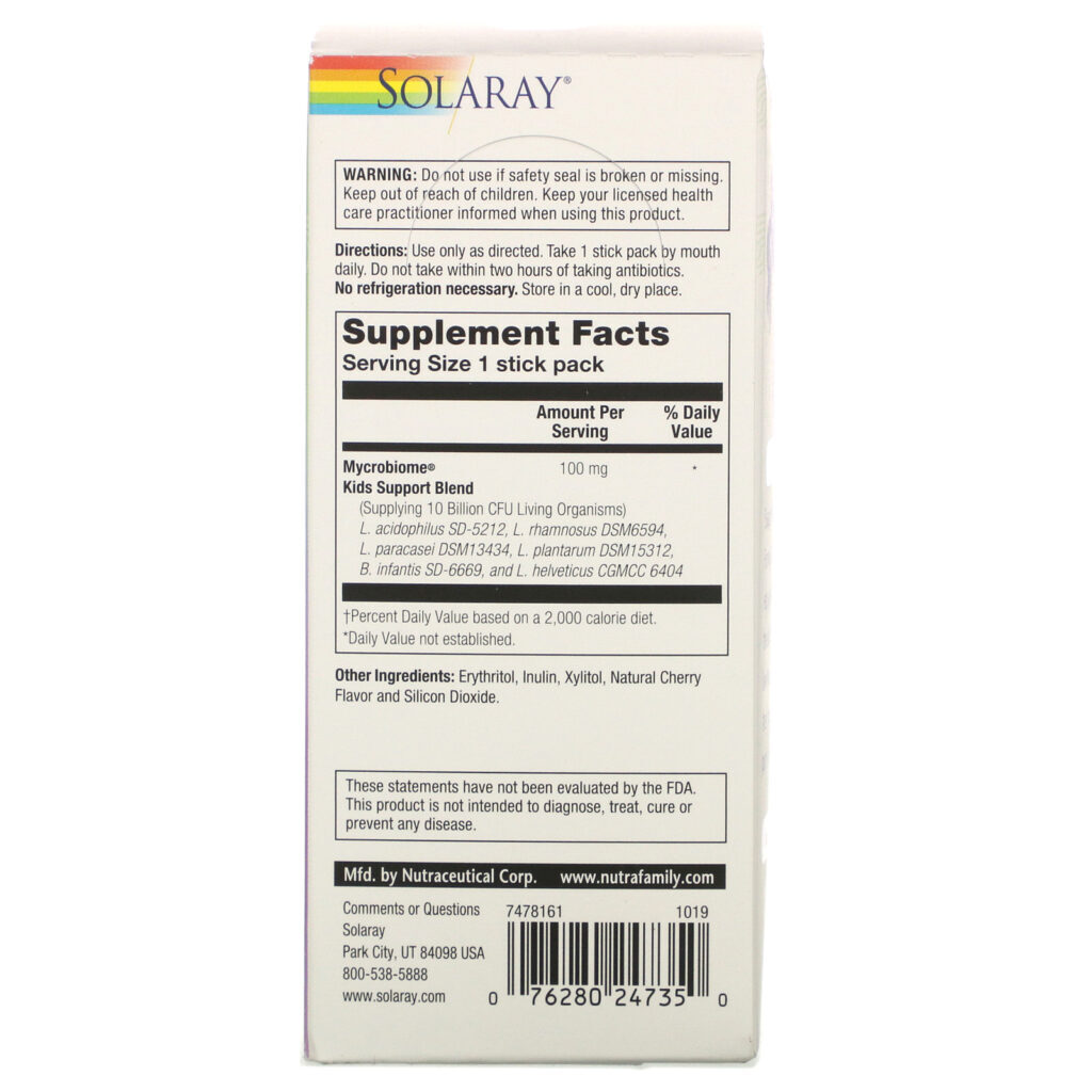 Solaray, Mycrobiome Probiotic, Kids, Immune Support, Natural Cherry Flavor, 10 Billion Live Cultures, 20 Stick Packs - Imagem 2