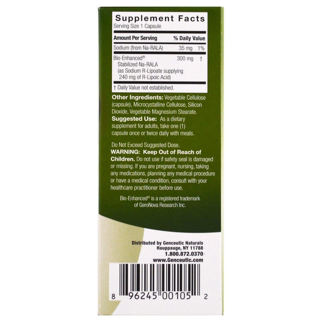 Genceutic Naturals, Ácido R-lipoico +, 300 mg, 60 Cápsulas Vegetais - Imagem 2