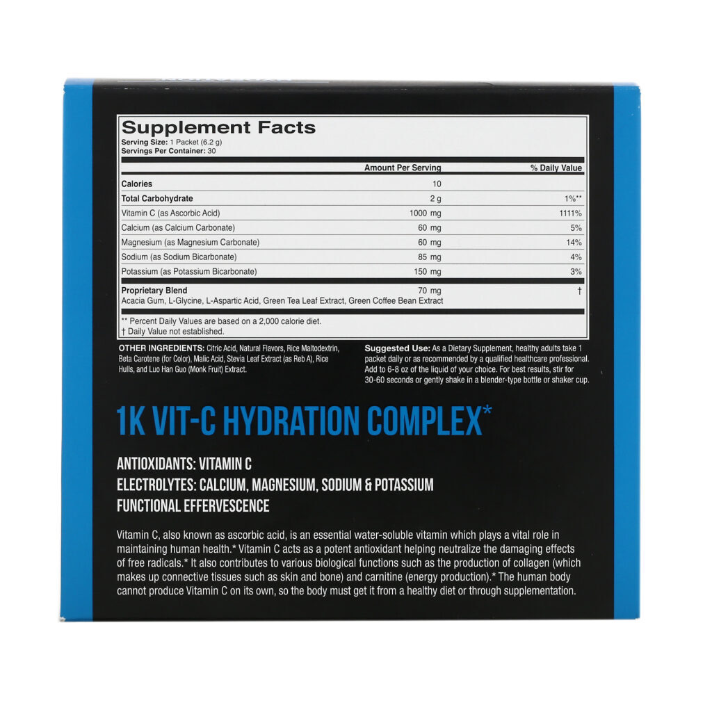 1Kvit-C, Vitamina C, Hydration, Mistura Efervescente, Sabor Natural de Laranja, 1.000 mg, 30 Envelopes, 6,20 g (0,22 oz) Cada - Imagem 2