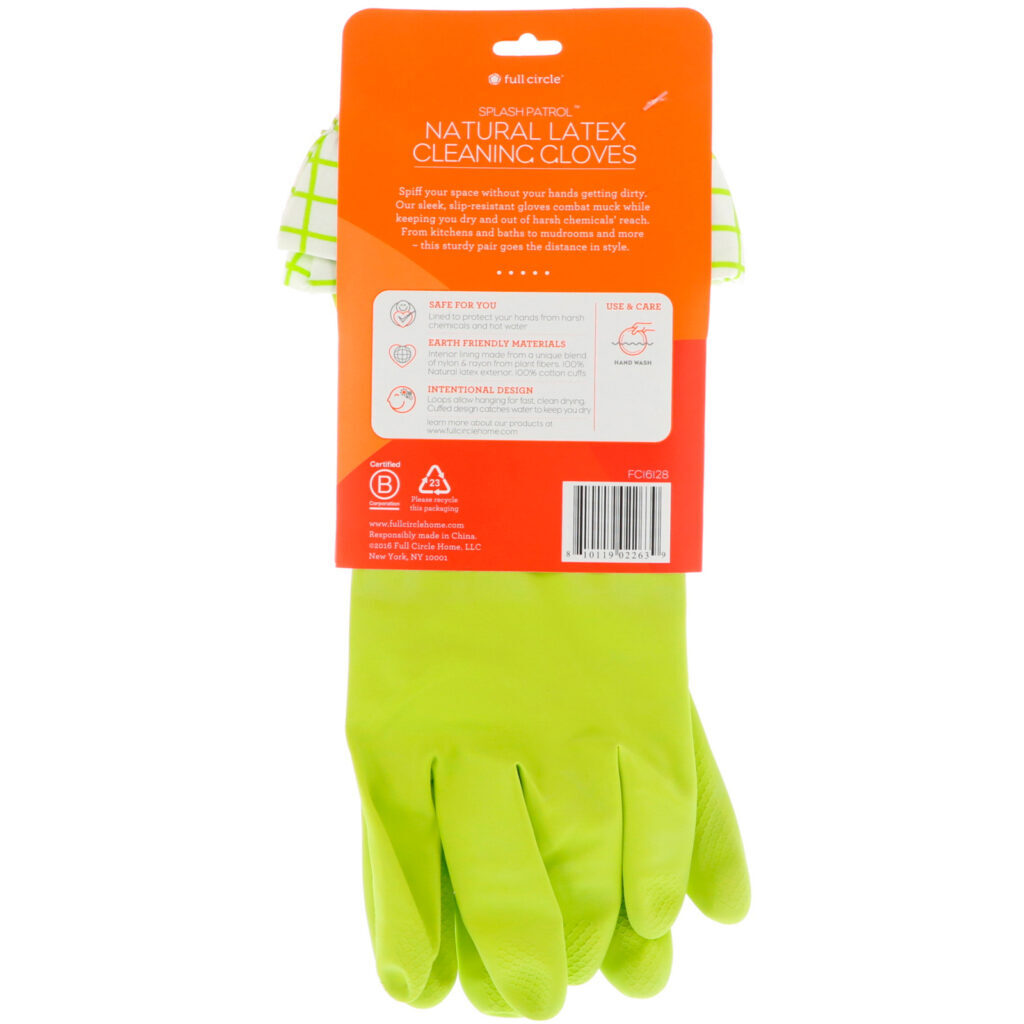 Full Circle, Splash Patrol, Natural Latex Cleaning Gloves, Green, Size M/L - Imagem 2