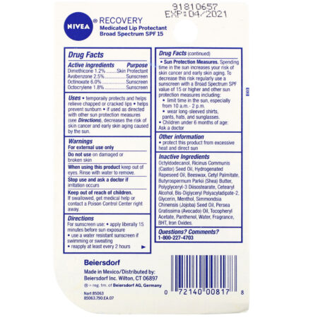 Nivea, Recovery, Medicated Lip Protectant & Sunscreen, SPF 15, 0.17 oz (4.8 g) - Image 3