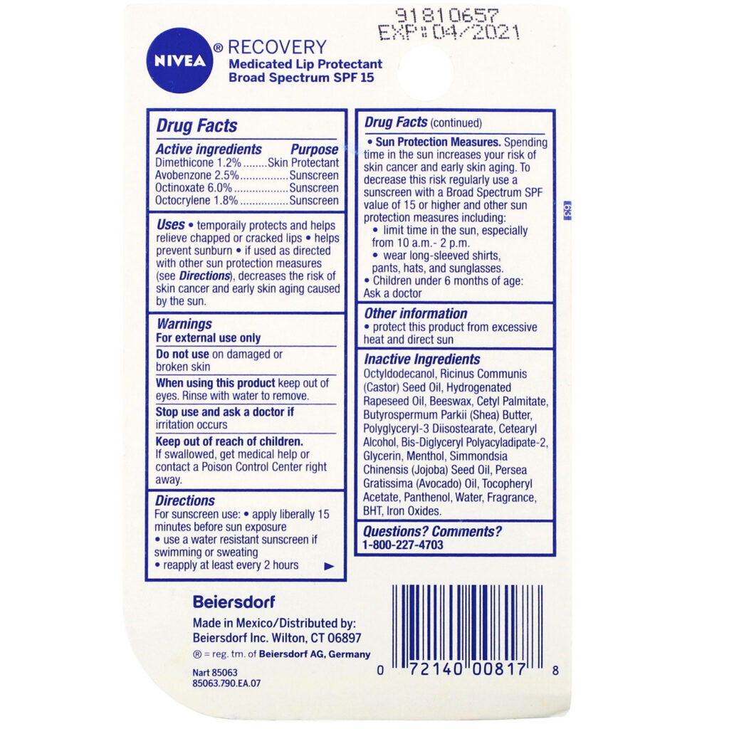 Nivea, Recovery, Medicated Lip Protectant & Sunscreen, SPF 15, 0.17 oz (4.8 g) - Imagem 3