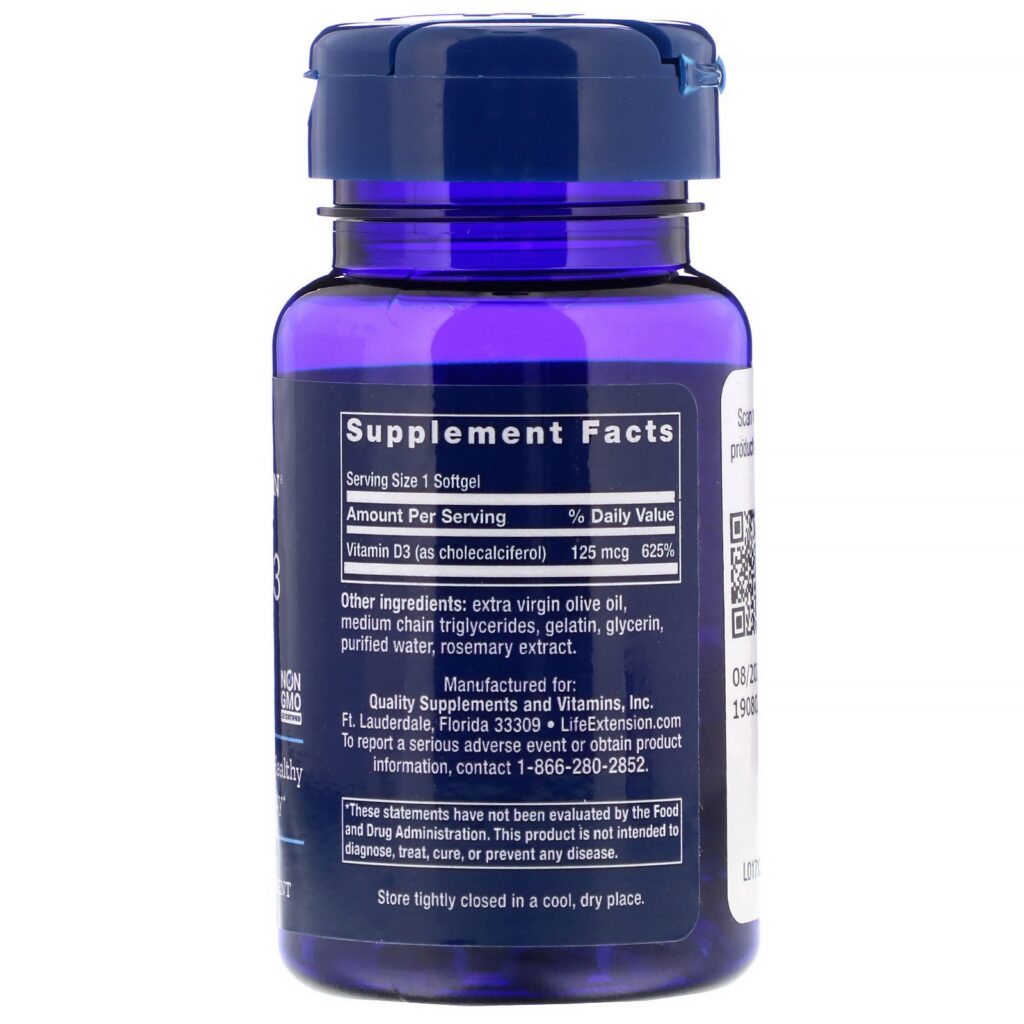 Life Extension, Vitamina D3, 5.000 UI, 60 Softgels - Imagem 2