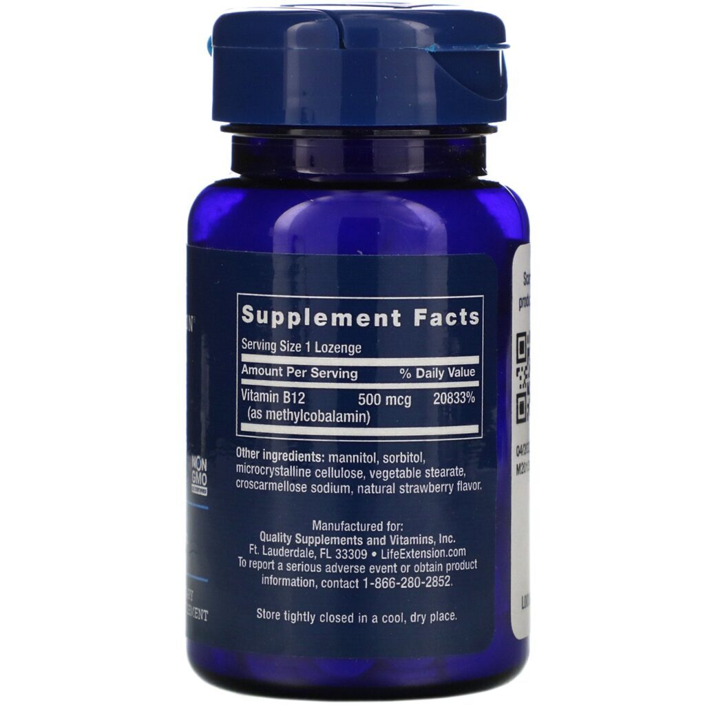 Life Extension, B12, 500 mcg, 100 Vegetable Lozenges - Imagem 2