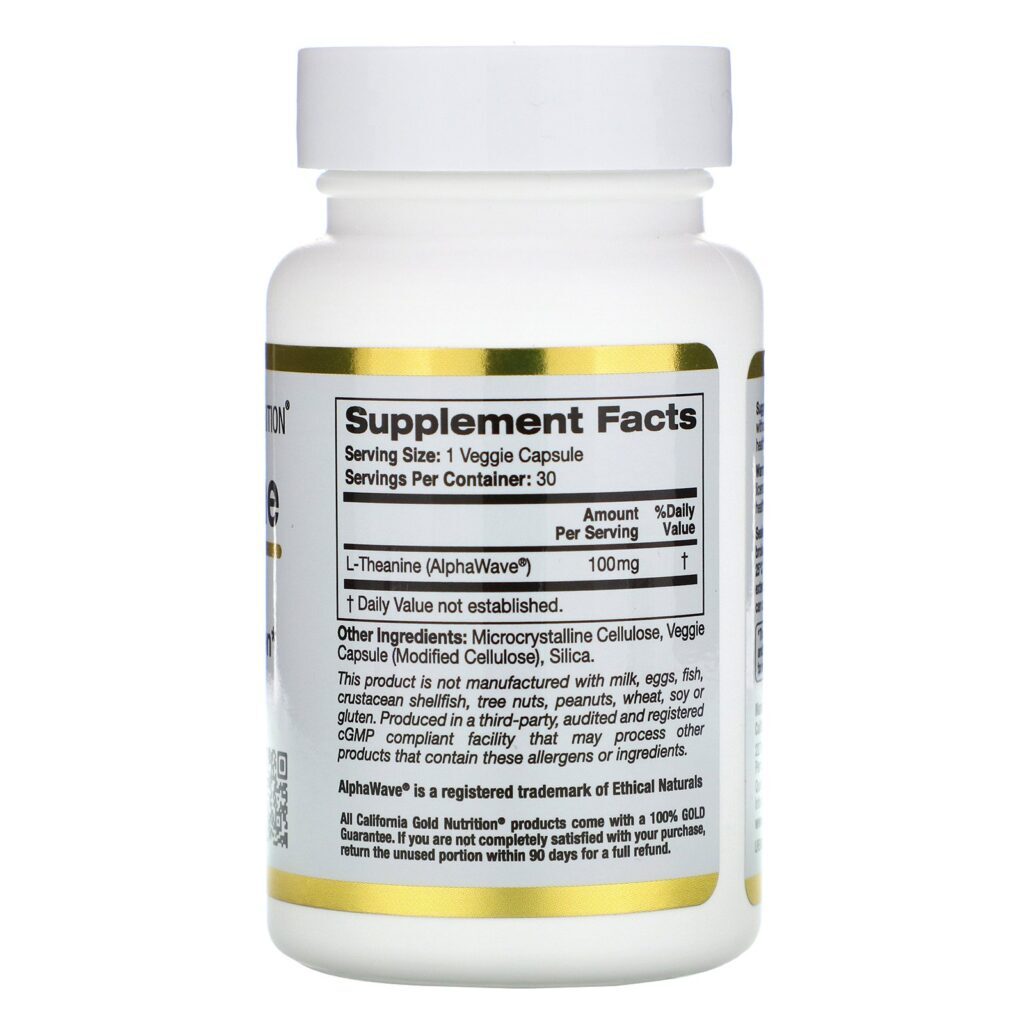 California Gold Nutrition, L-Teanina, AlphaWave, Suporta Relaxamento, Foco na Calma, 100 mg, 30 Cápsulas Vegetarianas - Imagem 2