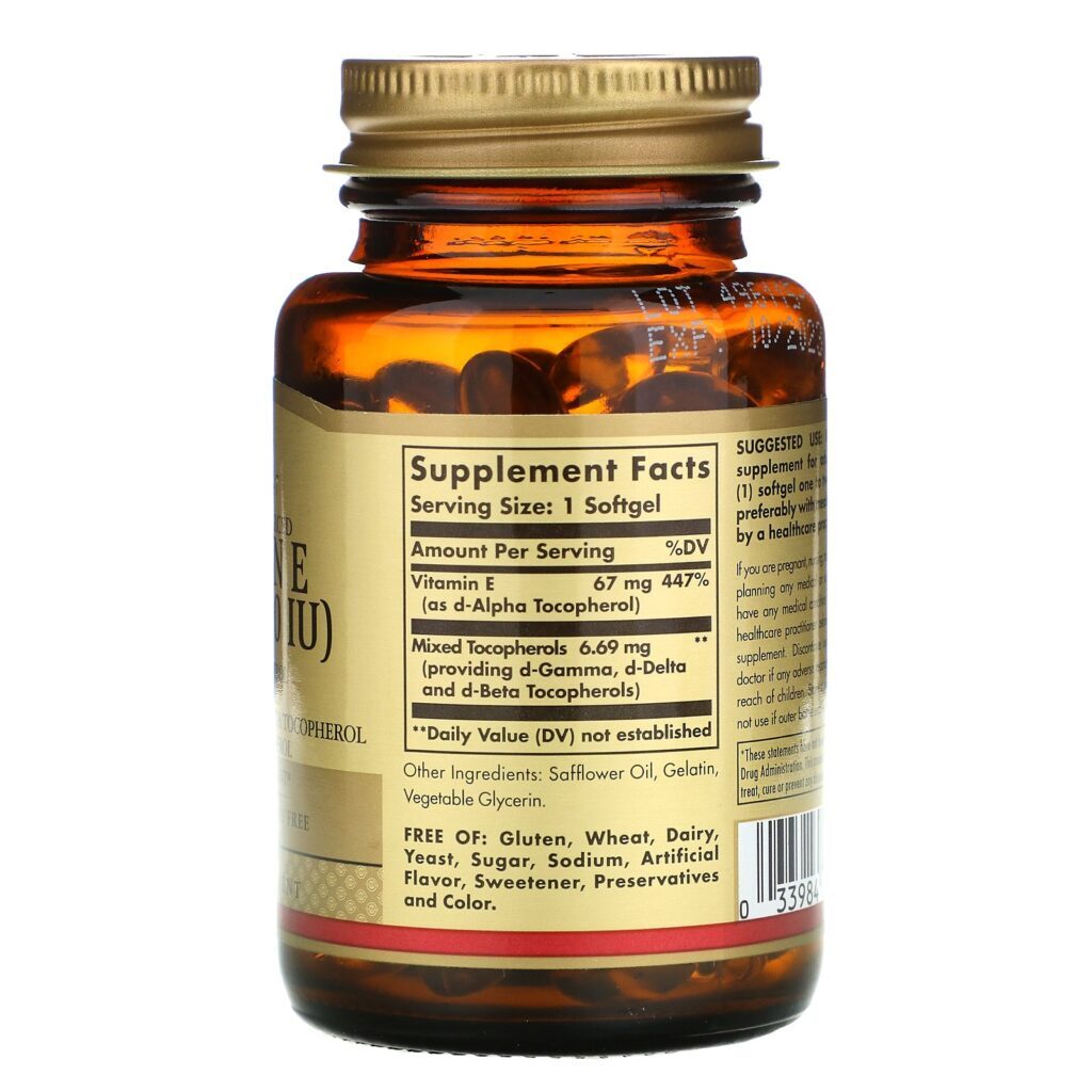 Solgar, Naturally Sourced Vitamin E, 67 mg (100 IU), 100 Softgels - Imagem 2