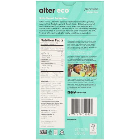 Alter Eco, Organic Chocolate Bar, Dark Salted Coconut Toffee, 47% Cocoa, 2.82 oz (80 g) - Image 2