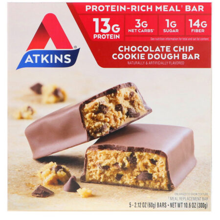 Atkins, Meal, Chocolate Chip Cookie Dough Bar, 5 Bars, 2.12 oz (60 g) Each