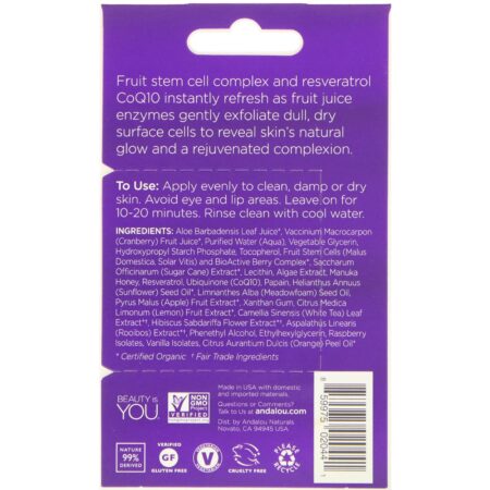 Andalou Naturals, Instant Age Defying, Máscara facial de enzimas de 8 frutas vermelhas, 0,28 oz (8 g) - Image 2