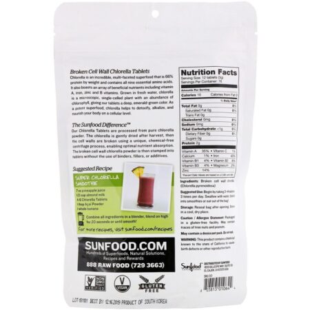 Sunfood, Broken Cell Wall Chlorella Tablets, 250 mg, 912 Tablets, 8 oz (227 g) - Imagem 2