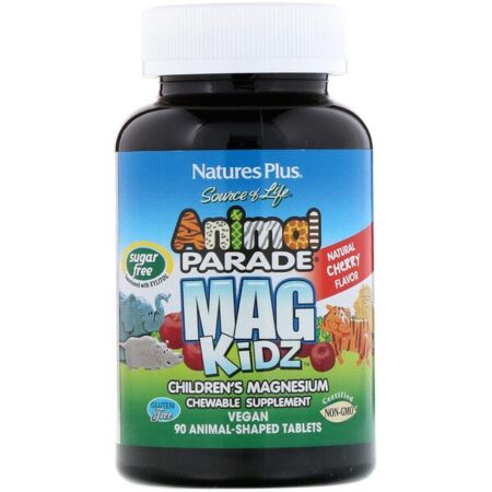 Nature's Plus, Animal Parade, MagKidz, Magnésio para Crianças, Sabor Natural de Cereja, 90 Comprimidos em Formato de Animais