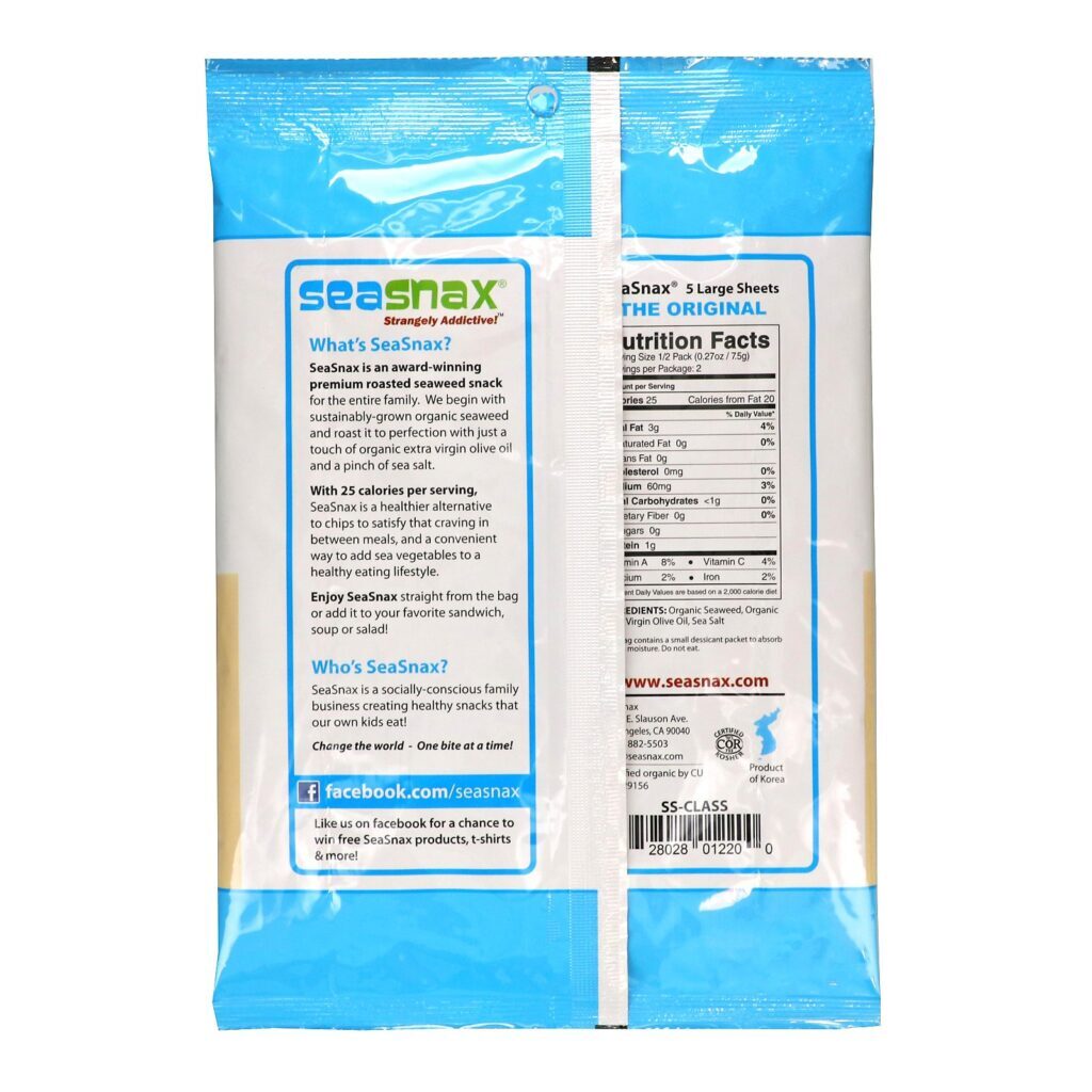 SeaSnax, Lanche Premium orgânico algas tostadas, Original, 0,54 oz (15 g) - Imagem 2