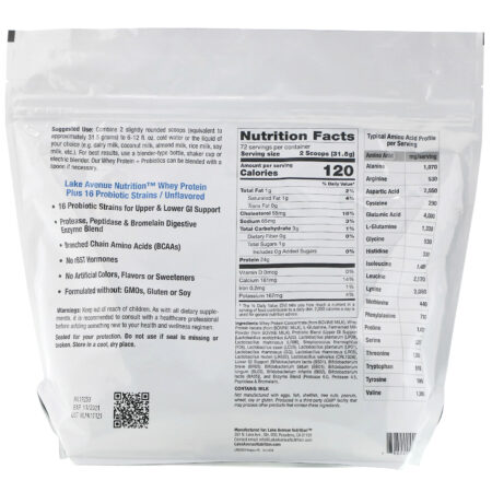 Lake Avenue Nutrition, Proteína Whey + Probióticos, Sem Sabor, 2.270 g (5 lb) - Image 2