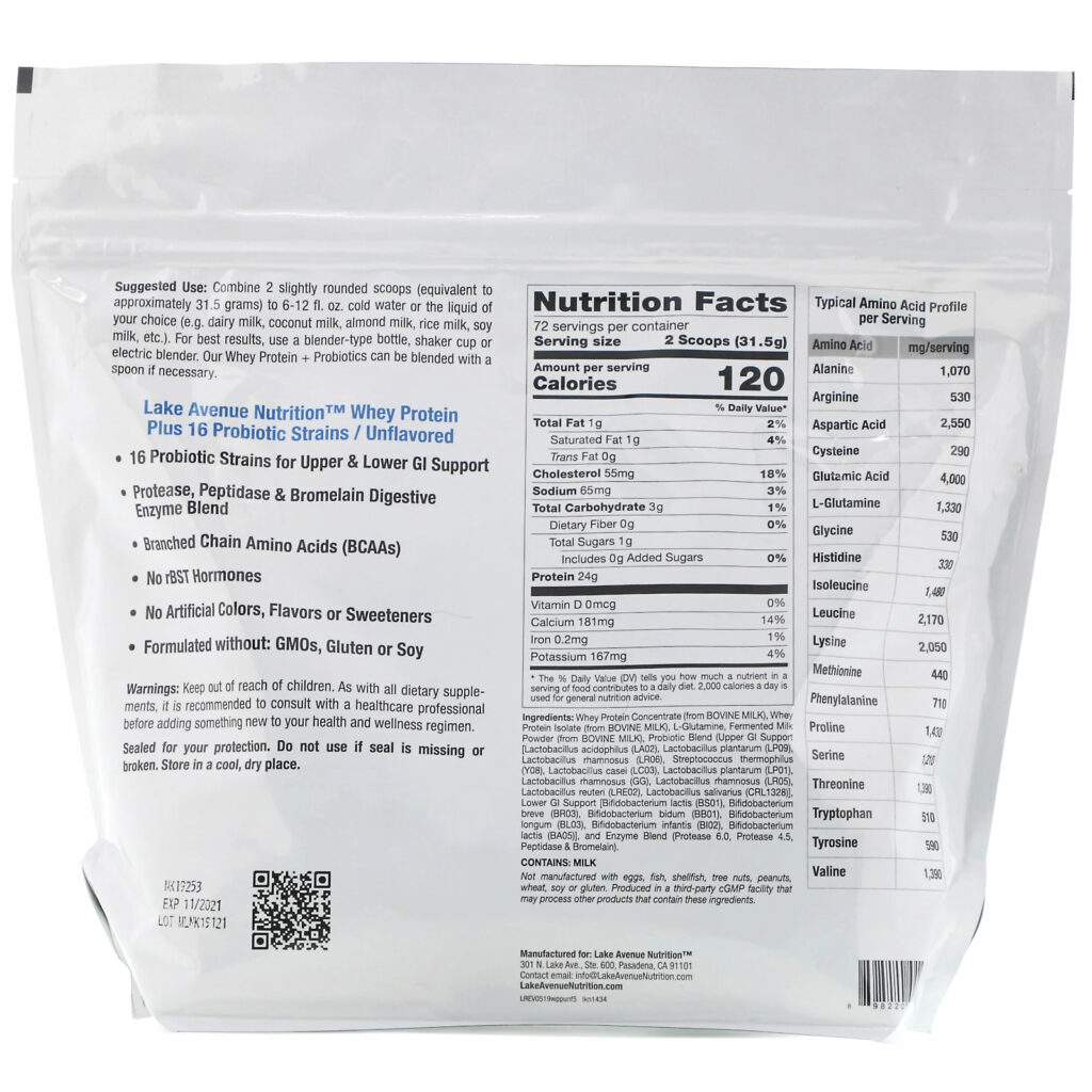 Lake Avenue Nutrition, Proteína Whey + Probióticos, Sem Sabor, 2.270 g (5 lb) - Imagem 2