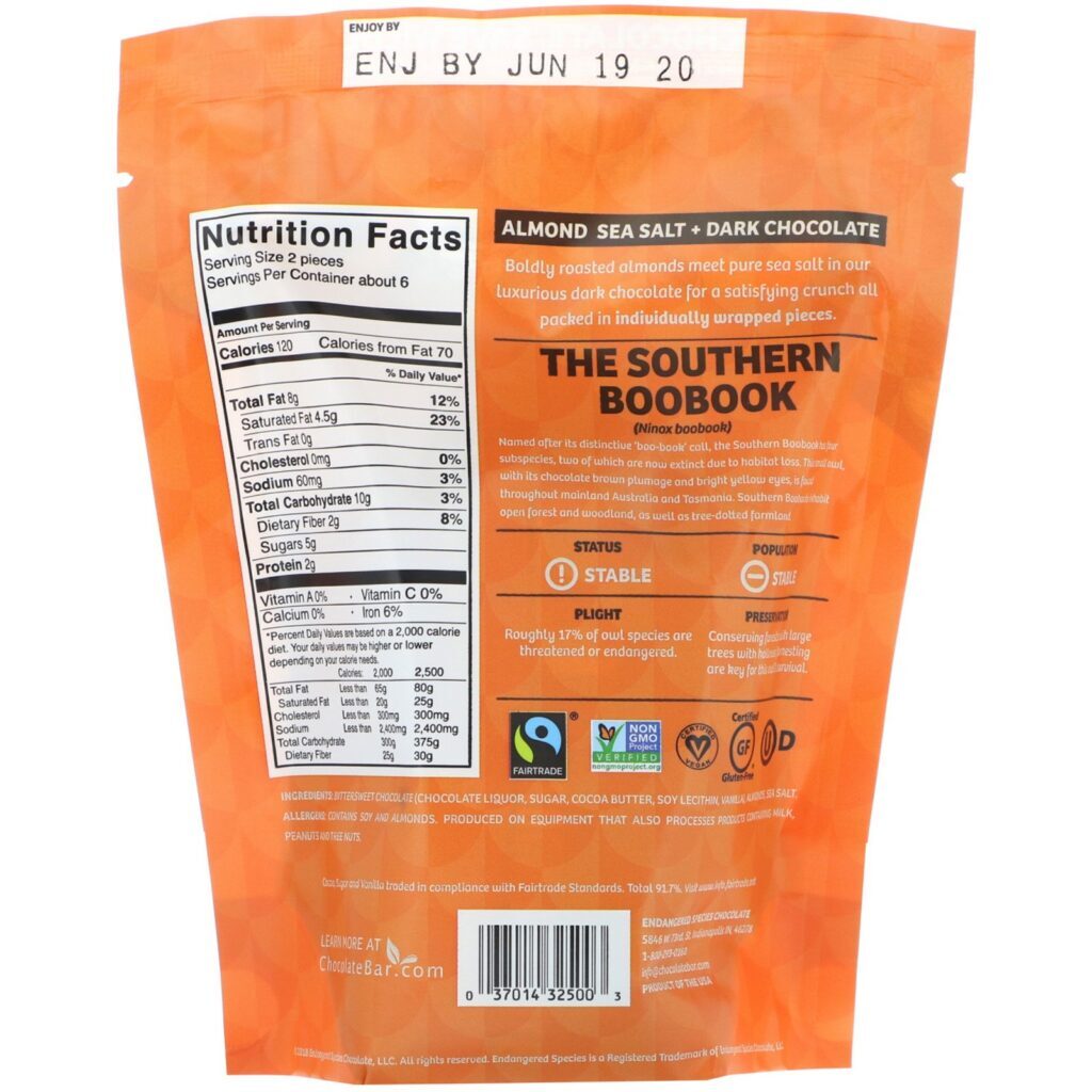 Endangered Species Chocolate, Dark Chocolate Bites, Sea Salt & Almonds, 72% Cocoa, 12 Wrapped Pieces, 4.2 oz (119 g) - Imagem 2