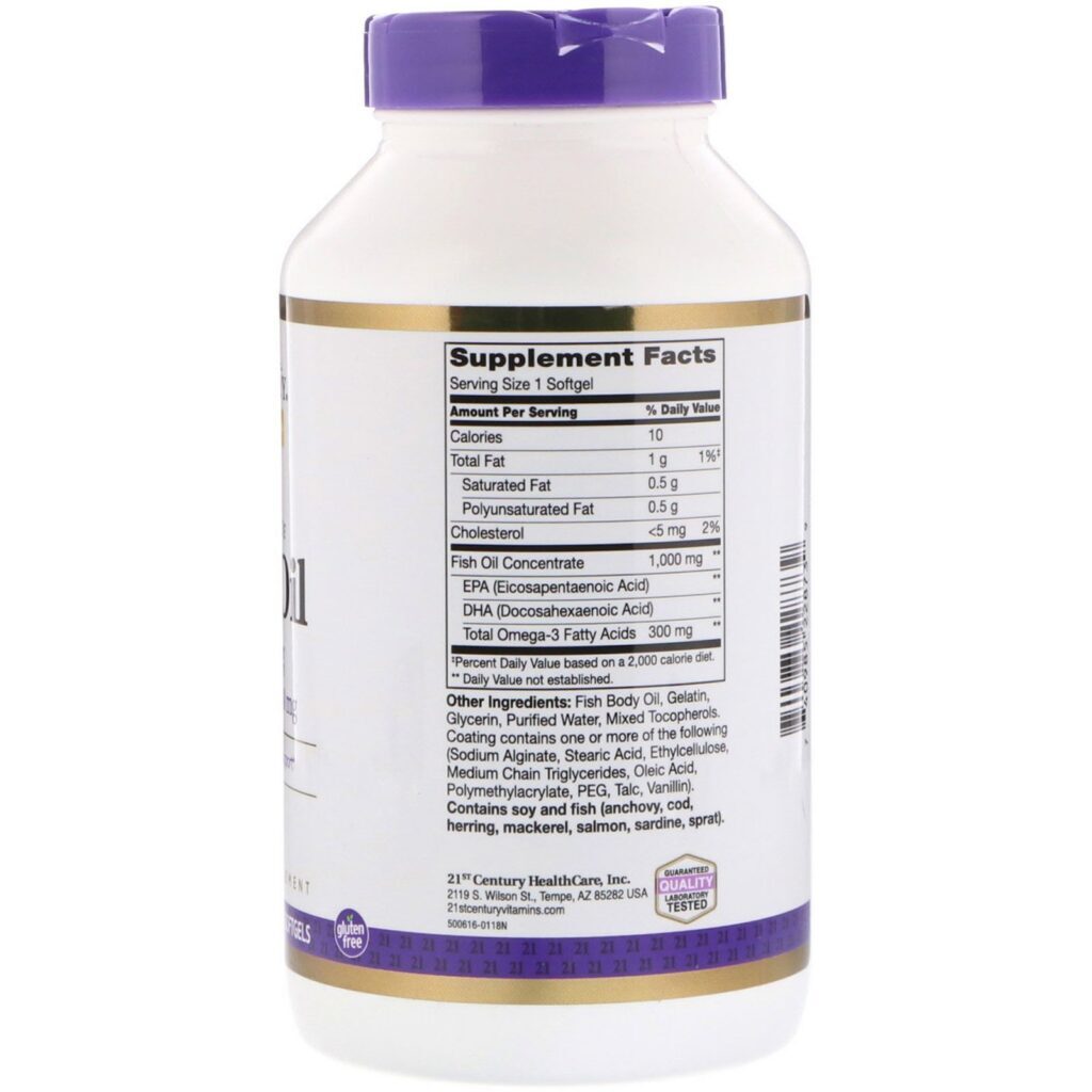 21st Century, Fish Oil Reflux Free, 1,000 mg, 180 Enteric Coated Softgels - Imagem 2