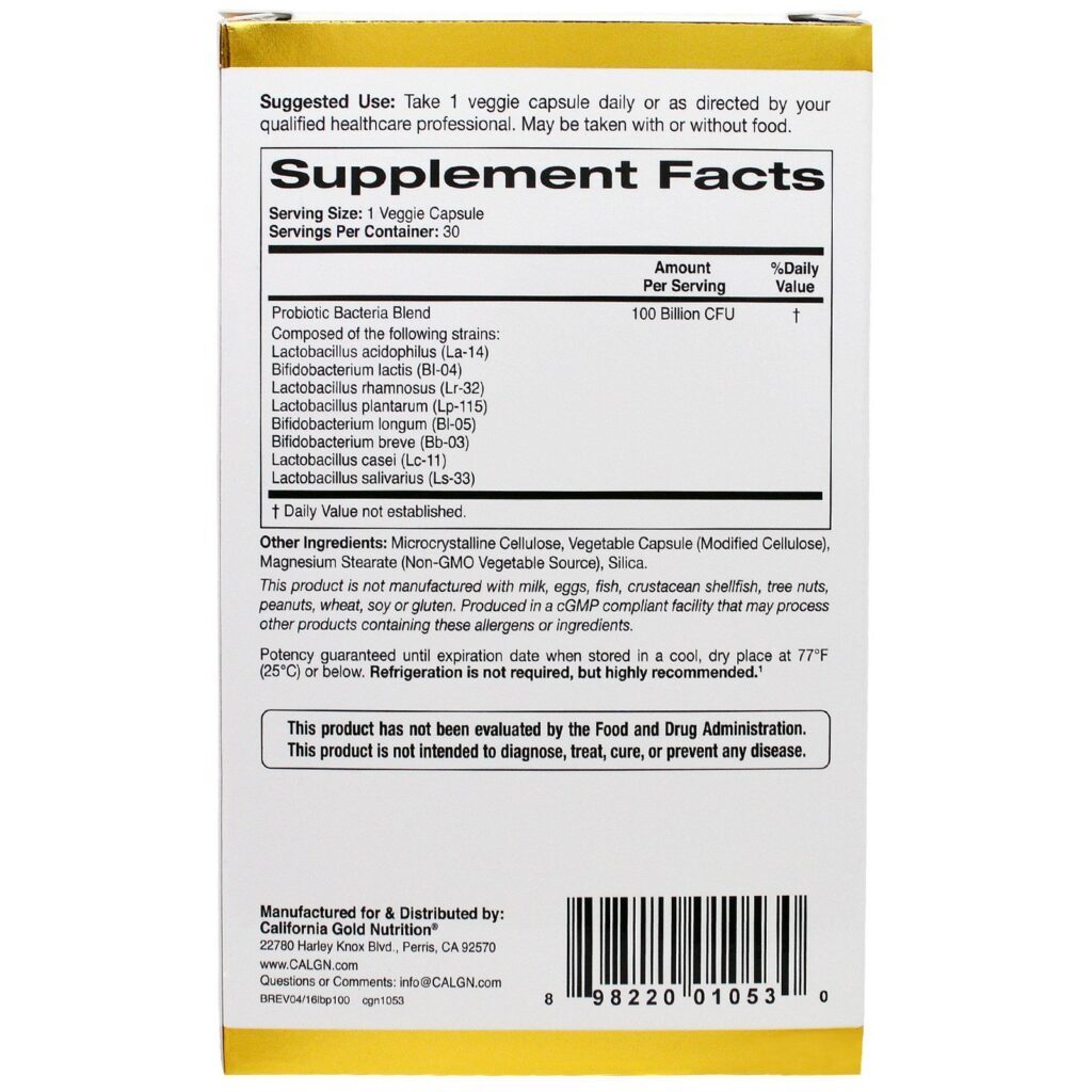 California Gold Nutrition, Probióticos LactoBif, 100 Bilhões de UFCs, 30 Cápsulas Vegetais - Imagem 2