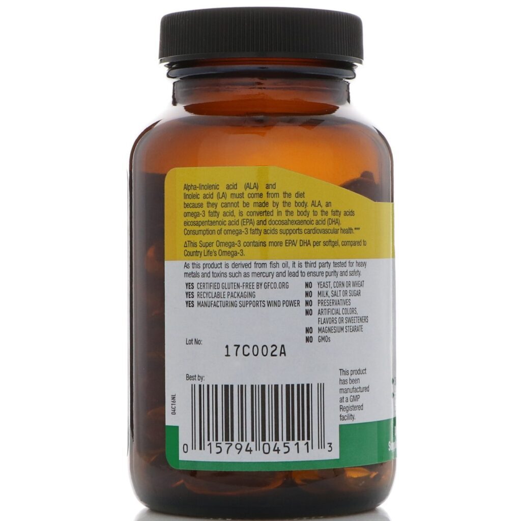 Country Life, Super ômega 3, concentrado, 60 Softgels - Imagem 3