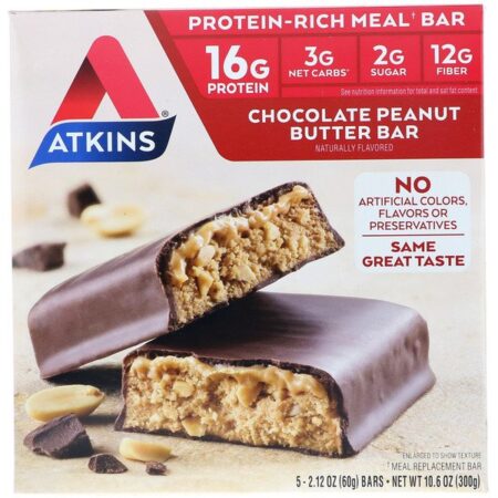 Atkins, Barra de Refeição, Barra de Chocolate com Manteiga de Amendoim, 5 Barras, 2,12 oz (60 g) Cada