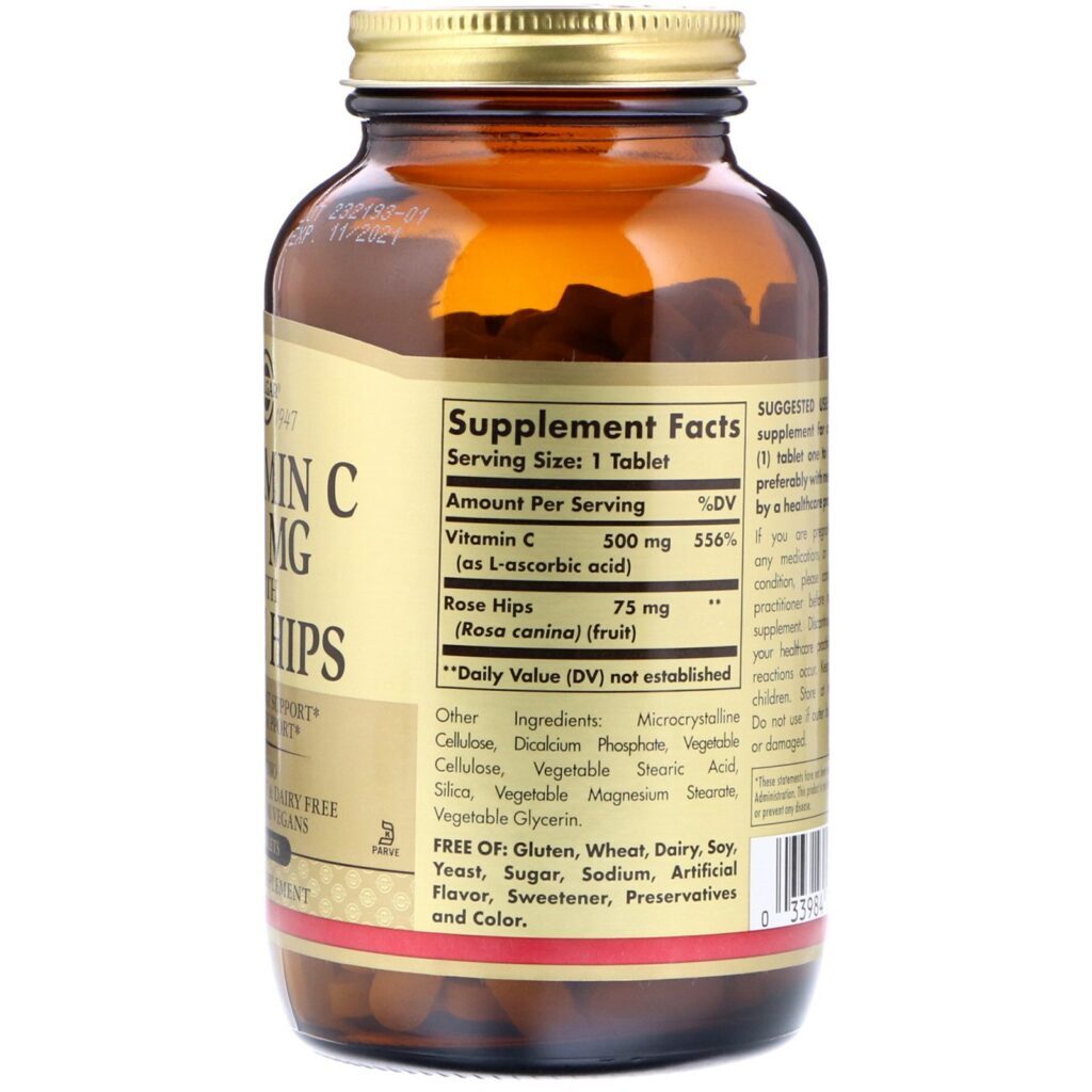 Solgar, Vitamin C with Rose Hips, 500 mg, 250 Tablets - Imagem 2