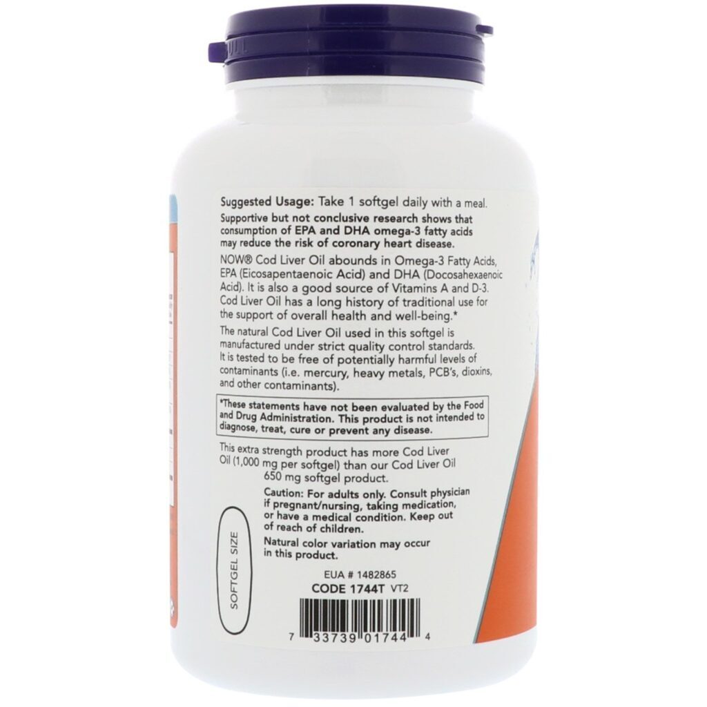 Now Foods, Óleo de Fígado de Bacalhau, 1.000 mg, 180 Cápsulas Softgel - Imagem 3