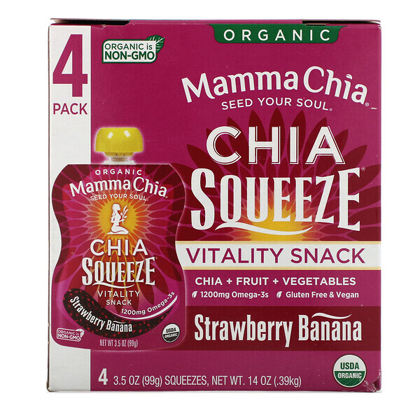 Mamma Chia, Orgânico, Chia Squeeze, Vitality Snack, Morango e Banana, 4 Pacotes, 3.5 oz (99g) Cada