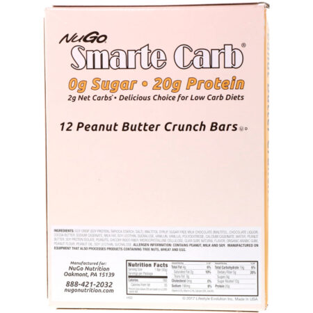 NuGo Nutrition, Smarte Carb Bar, Peanut Butter Crunch, 12 Bars, 1.76 oz (50 g) Each - Image 3