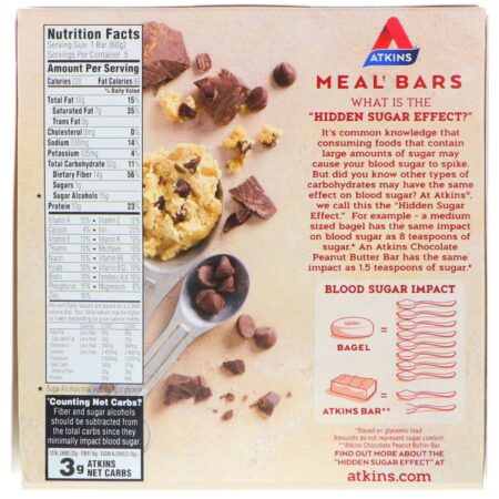 Atkins, Meal, Chocolate Chip Cookie Dough Bar, 5 Bars, 2.12 oz (60 g) Each - Image 2