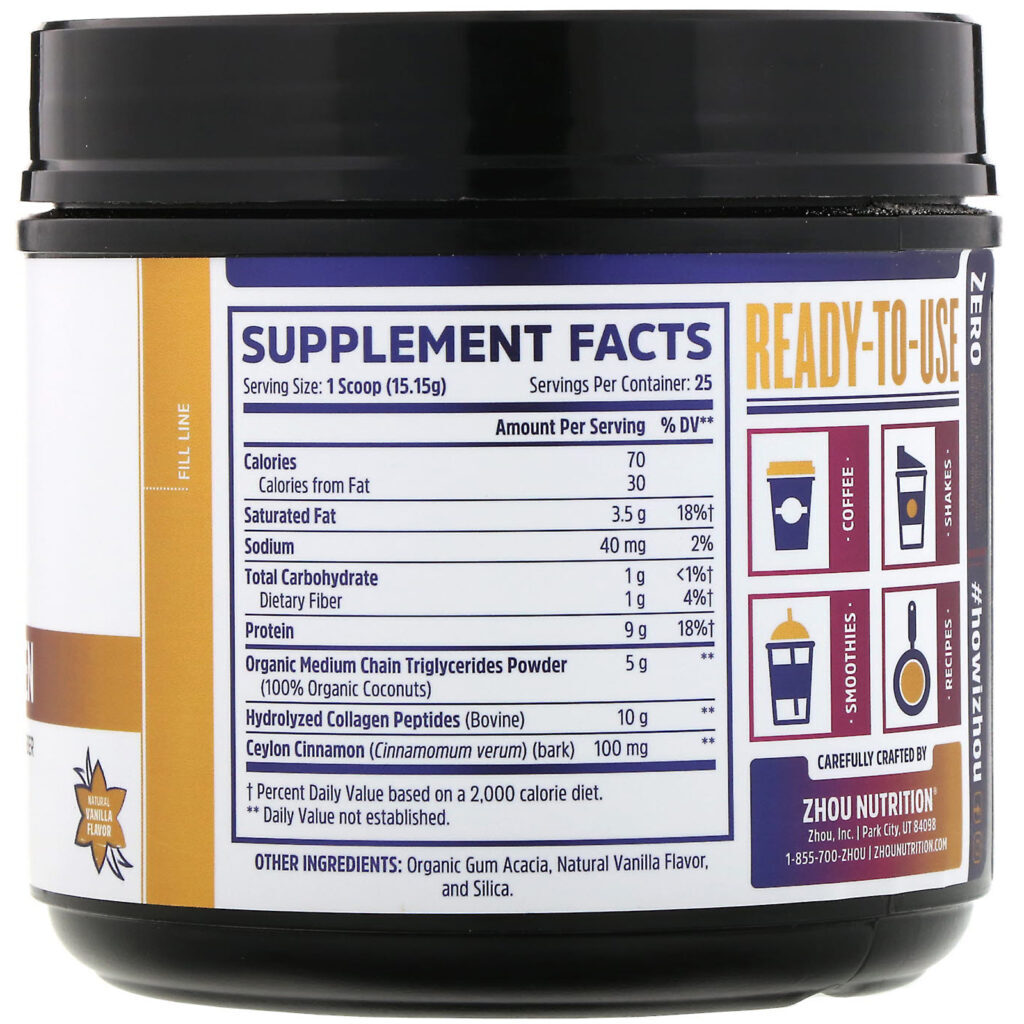 Zhou Nutrition, MCT Collagen, Natural Vanilla, 13.4 oz (379 g) - Imagem 2