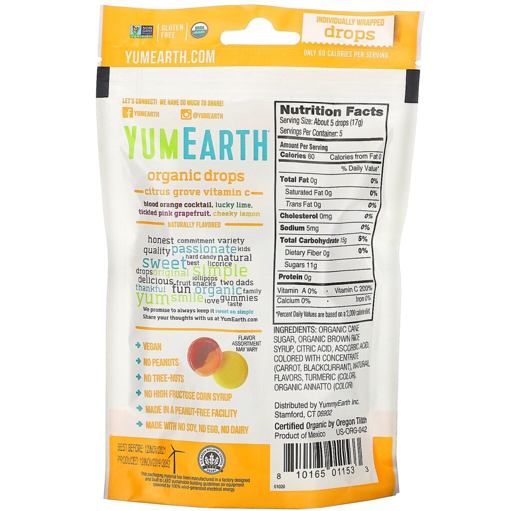 YumEarth, Balas Orgânicas de Vitamina C, Bosque Cítrico, 93,5 g (3,3 oz) - Imagem 2