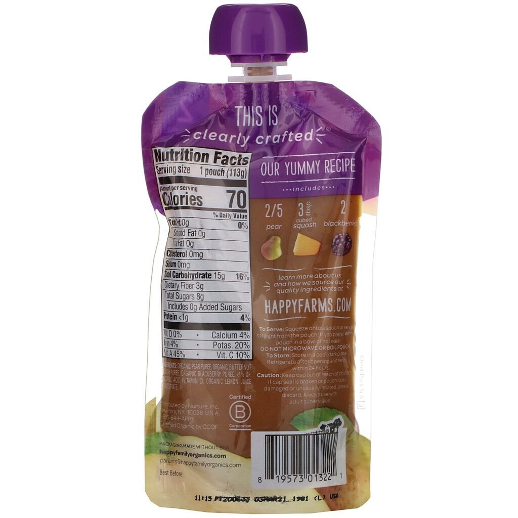 Happy Family Organics, Organic Baby Food, Stage 2, Clearly Crafted, 6+ Months, Pears, Squash & Blackberries, 4 oz (113 g) - Imagem 2
