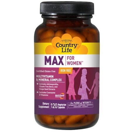 Country Life, Max for Women, Complexo Multivitamínico e Mineral, Sem Ferro, 120 Cápsulas Vegetais