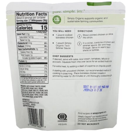 Simply Organic, Molho Orgânico Sauce, Taco Suave, Frango, 8 oz (227 g) - Image 2