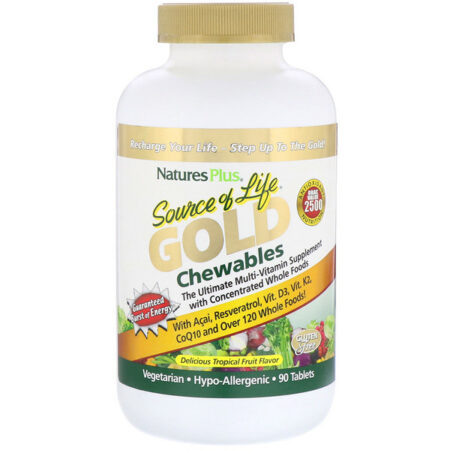 Nature's Plus, Source of Life, Mastigáveis Dourados, Sabor Delicioso de Frutas Tropicais, 90 Comprimidos